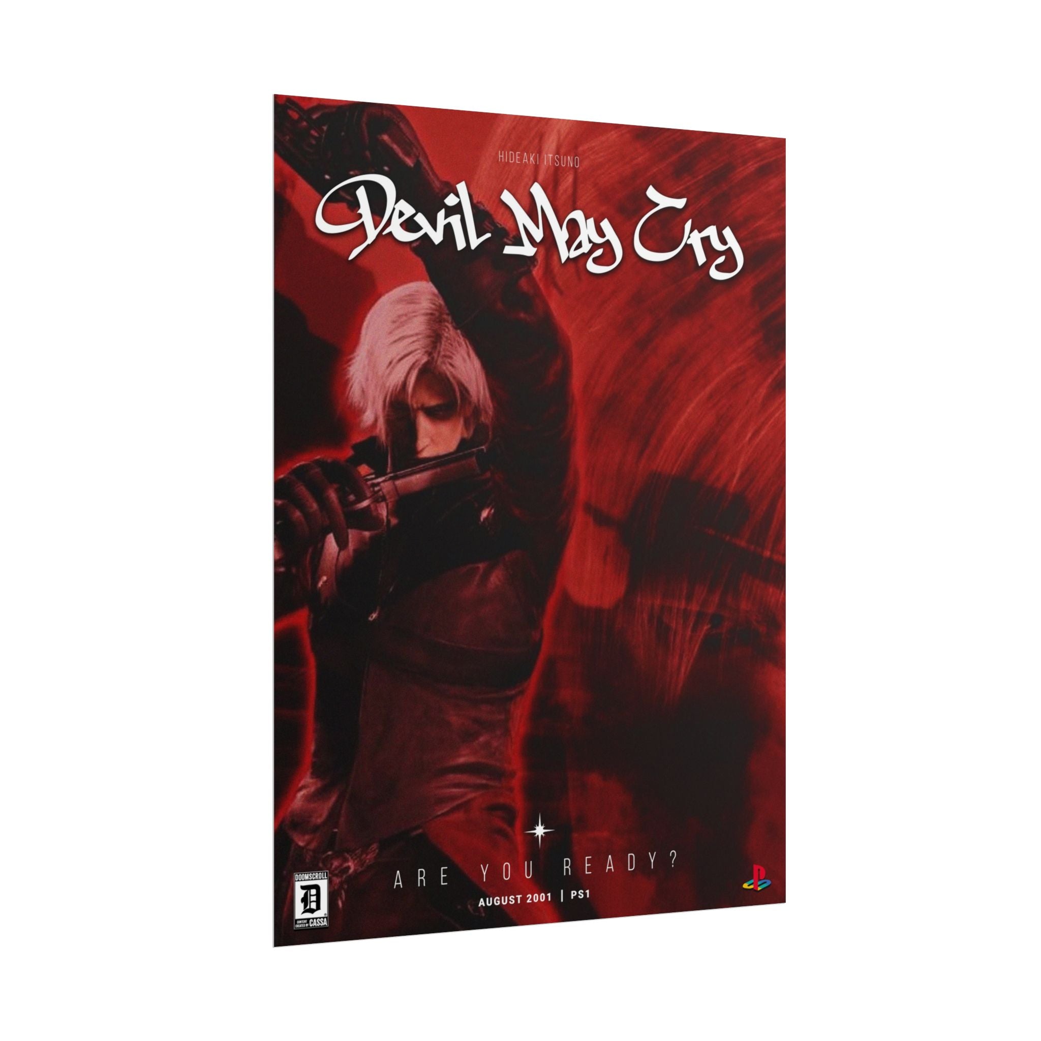 PS1 Slim Edition game case for Devil May Cry, featuring a red and black cover art design with the character Ventus D. Kiryama and white stylized text.