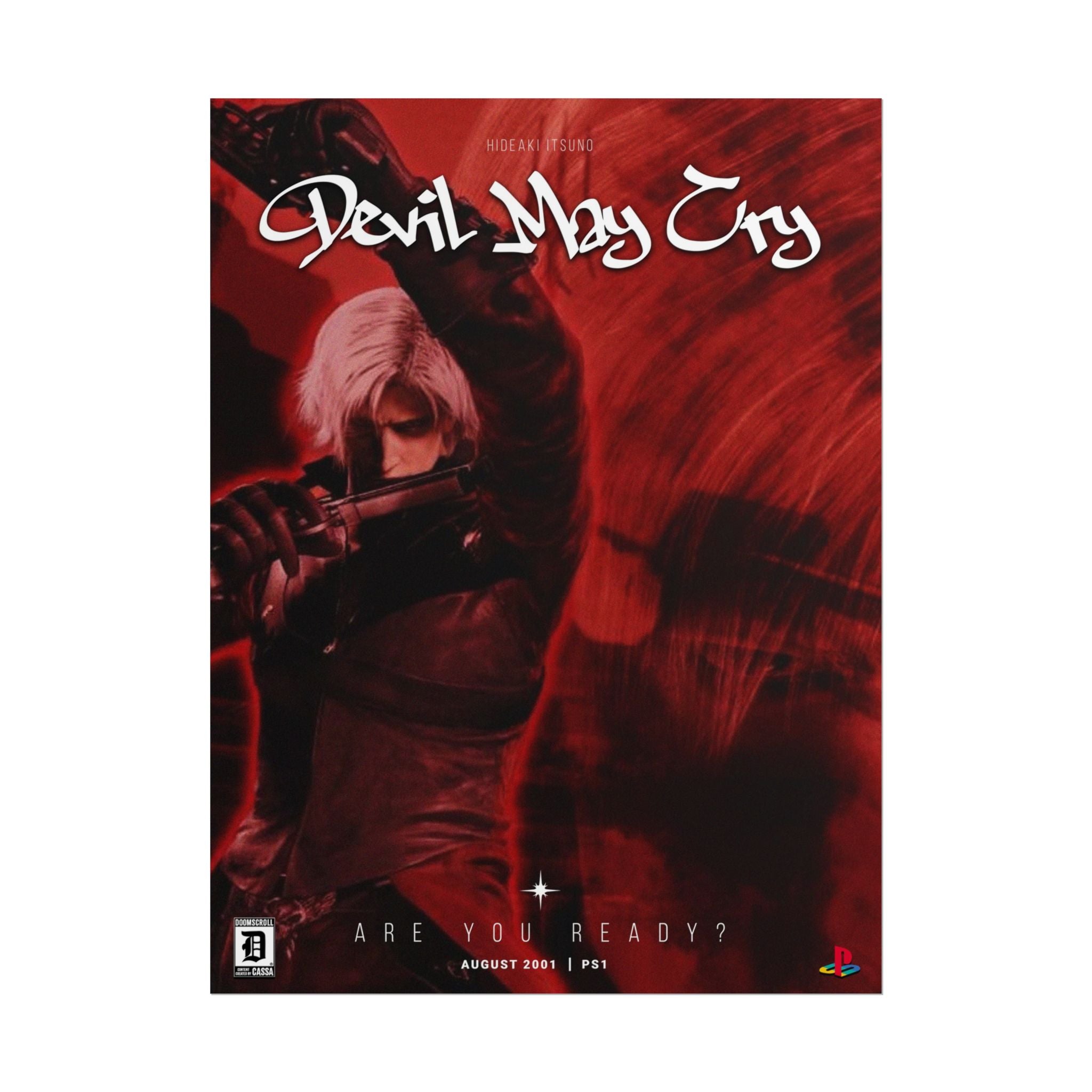 Front cover of the Devil May Cry PlayStation 1 game case, featuring a dramatic red-toned illustration of the character Dante holding a gun, with the title in large white script and PlayStation branding at the bottom.